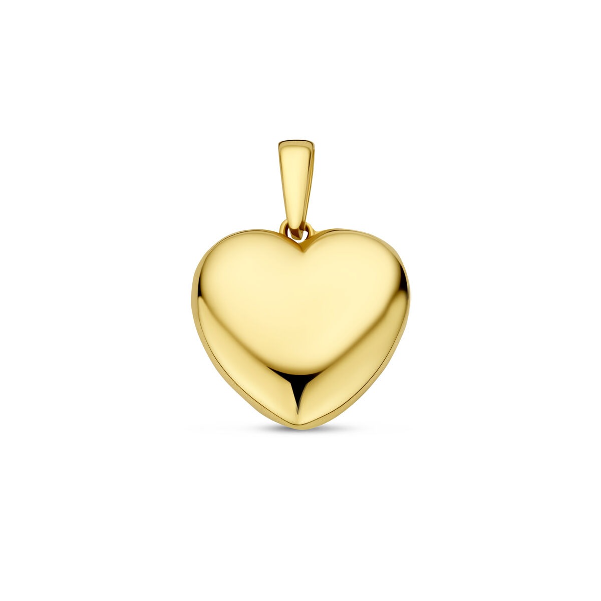 Colgante dorado en forma de corazón de 14k con acabado pulido y brillante.