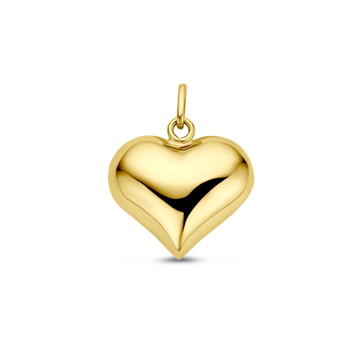Colgante en forma de corazón de oro amarillo de 14k, con un acabado pulido y altura de 19.5 mm.