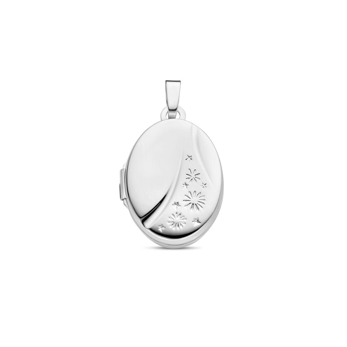 Medaillon ovalado de plata 925 con acabado rodiado y detalles grabados.