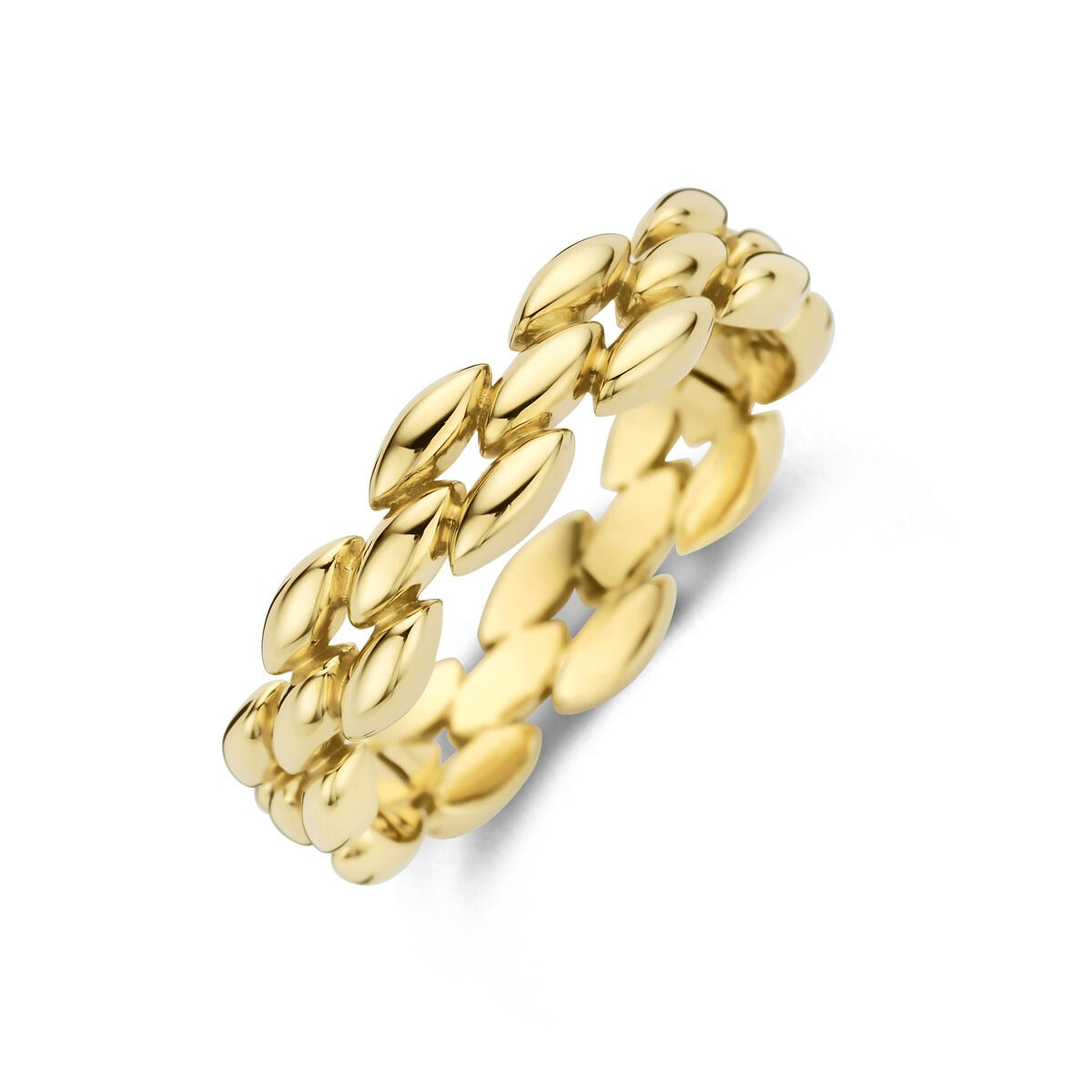 Anillo de dama en oro amarillo de 14 quilates con diseño de formas ovaladas.