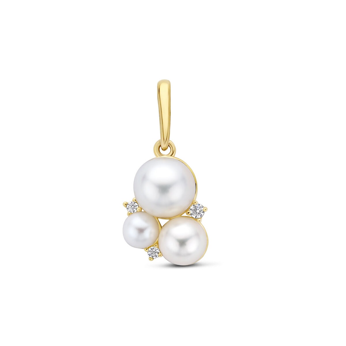 Colgante de oro amarillo de 14k con perlas y circonitas brillantes.