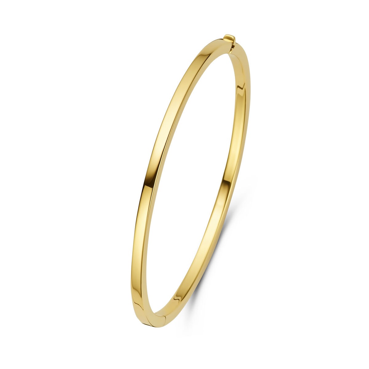 Brazalete dorado de 14k con cierre de bisagra, de forma delgada y lisa.