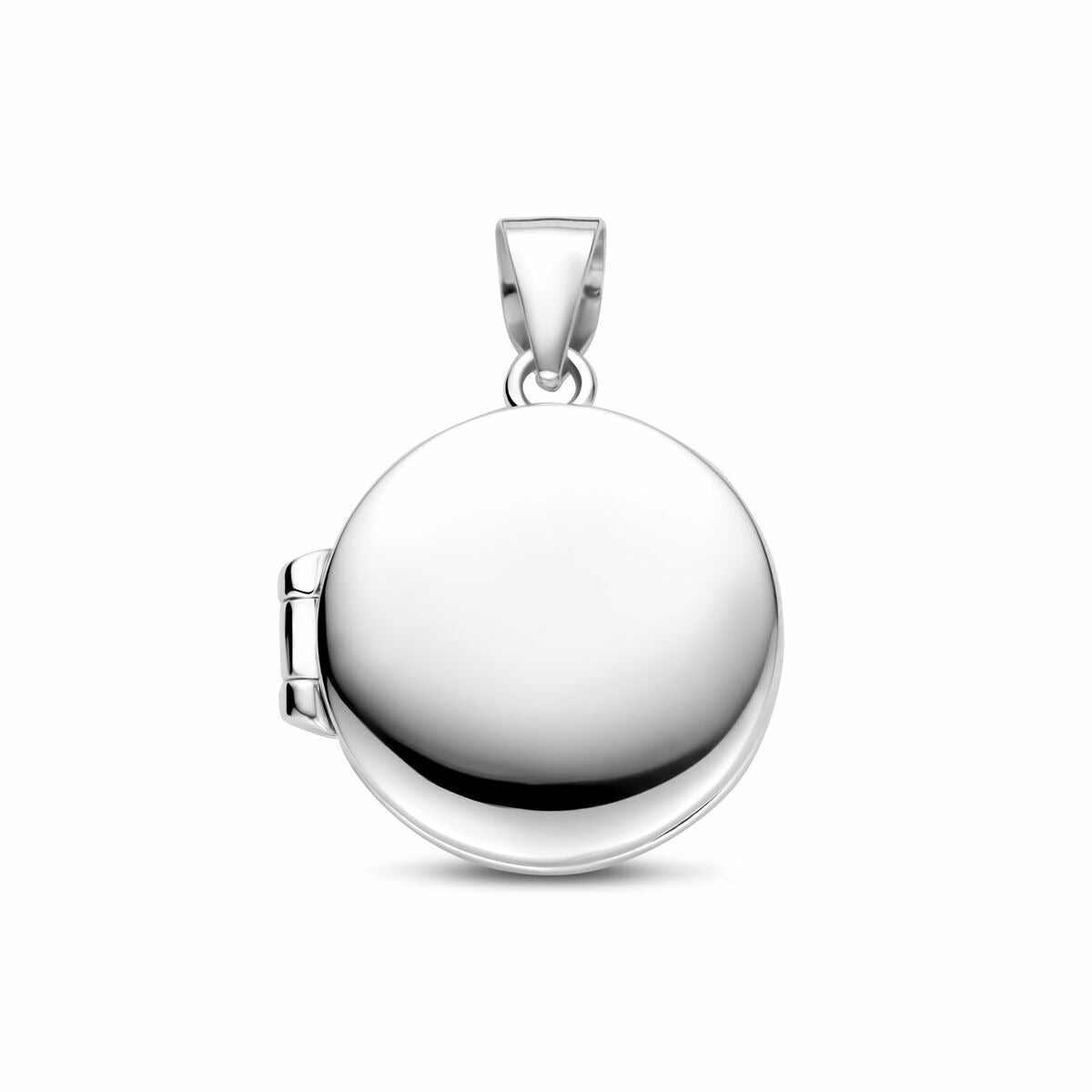 Colgante redondo de plata rhodium, con acabado pulido y cierre lateral.