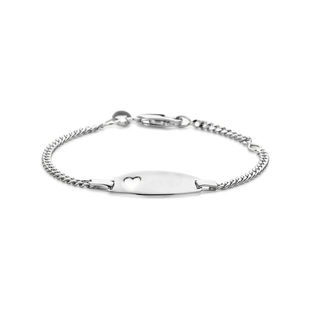 Pulsera de bebé plateada con un corazón y una placa de grabado, de 11 a 13 cm.
