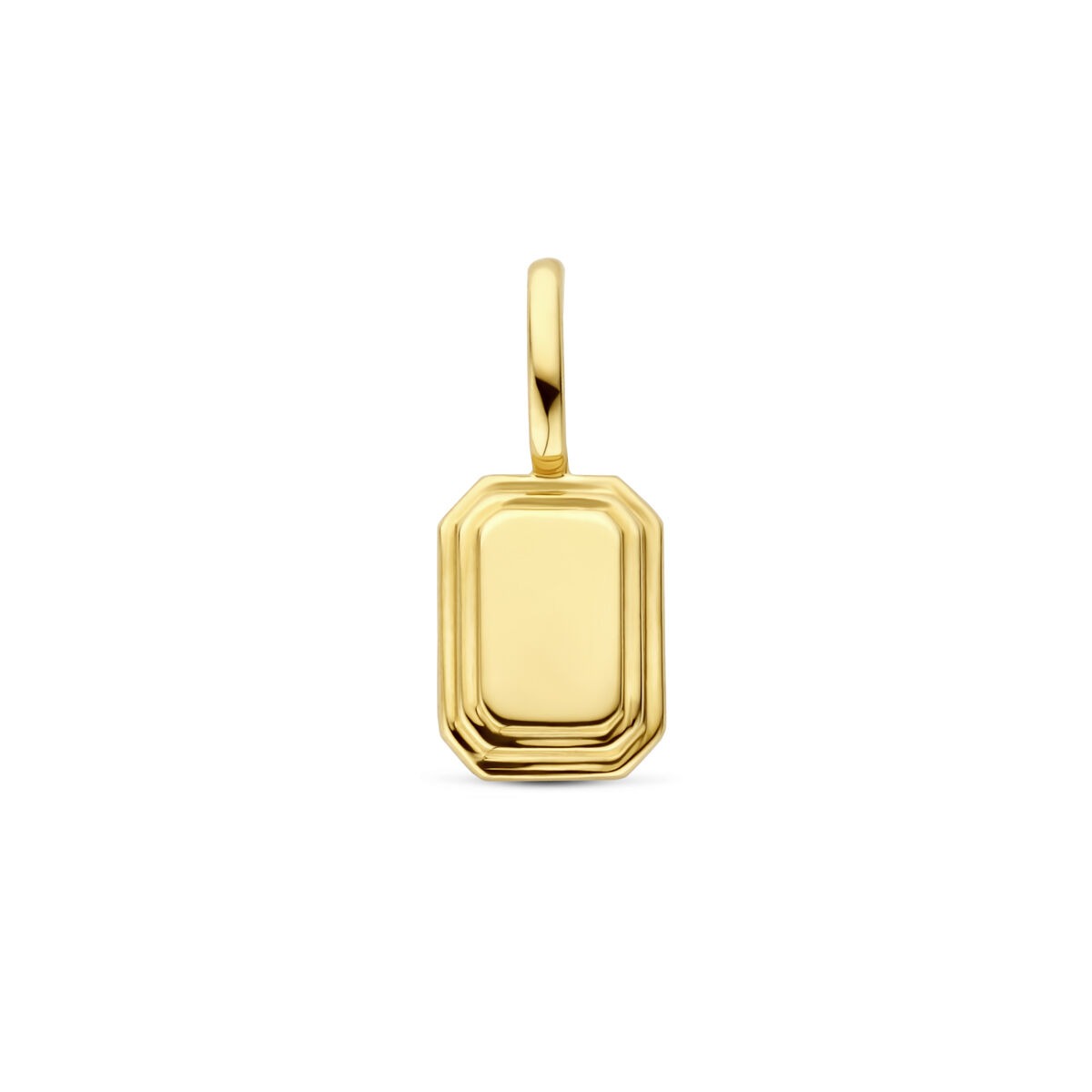 Colgante de grabado en oro amarillo de 14k, con forma rectangular y acabado pulido.