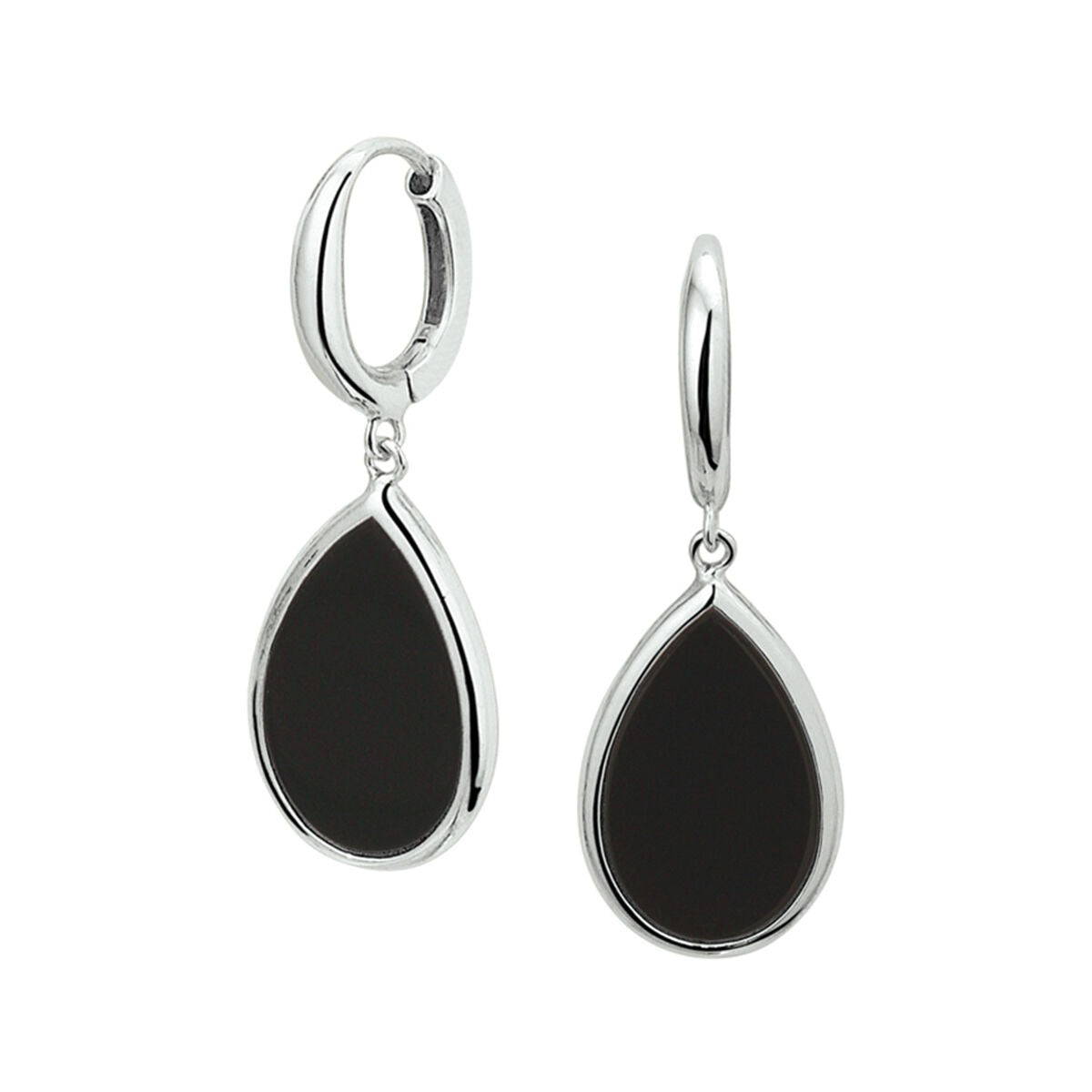 Pendientes de aro de plata con onyx en forma de gota, acabado rodiado.