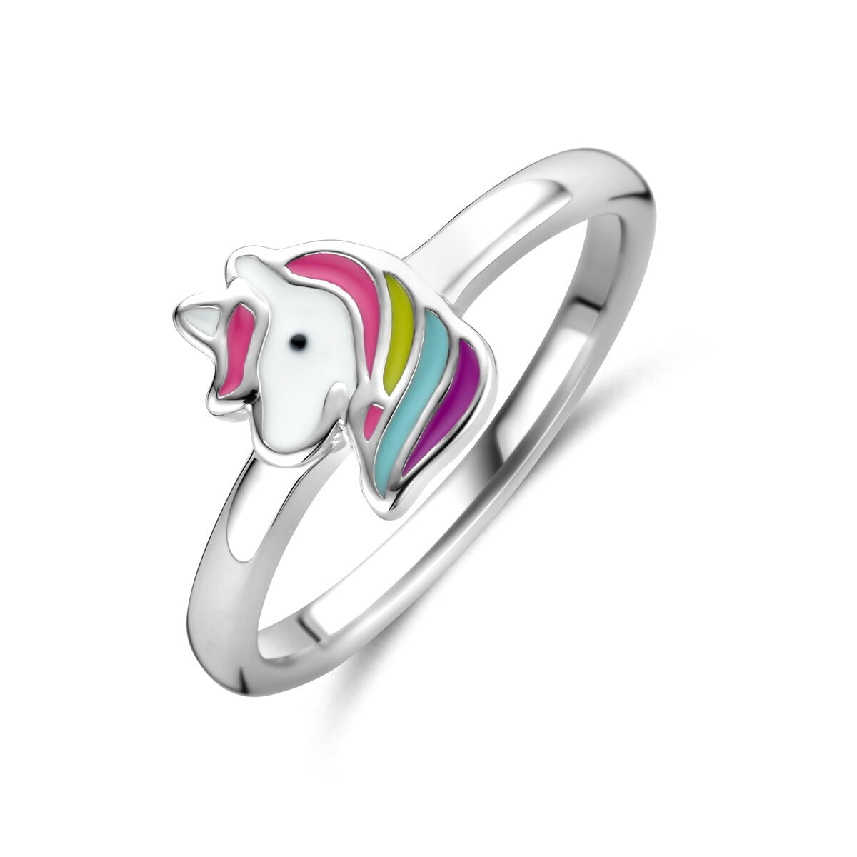 Anillo de plata infantil con un diseño de unicornio colorido.