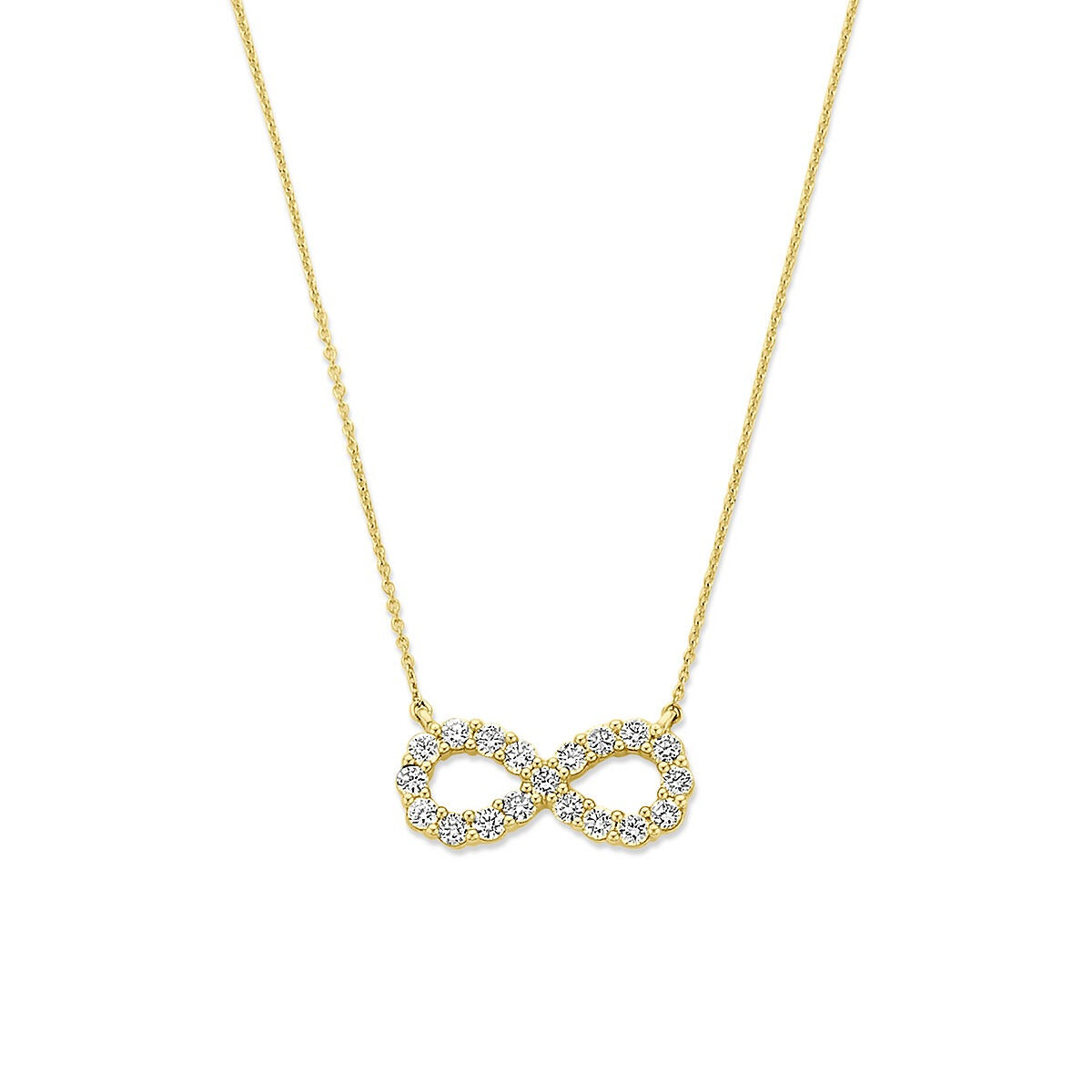 Cadena de oro de 14k con colgante de infinito y diamante cultivado en laboratorio.