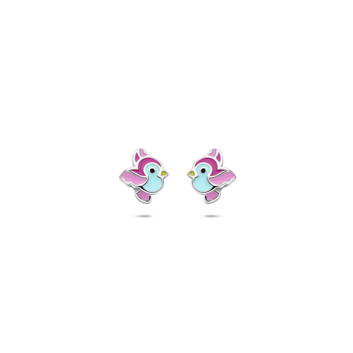 Pendientes de primera puesta en forma de pájaro, plateados y con detalles en azul y rosa.