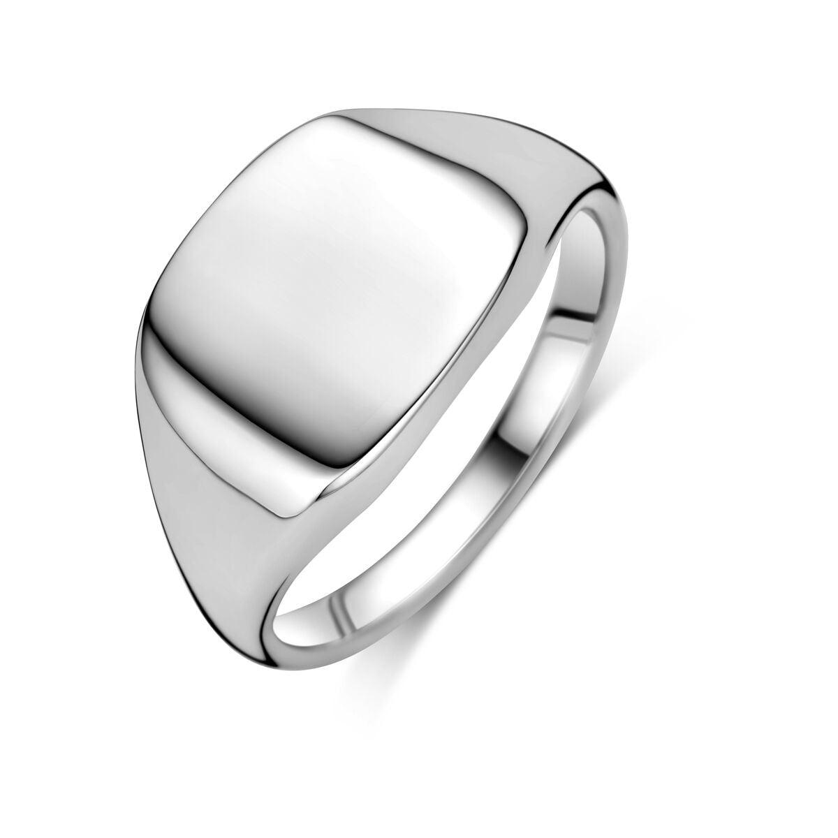 Anillo de plata 925 rodiada con diseño rectangular y superficie pulida.