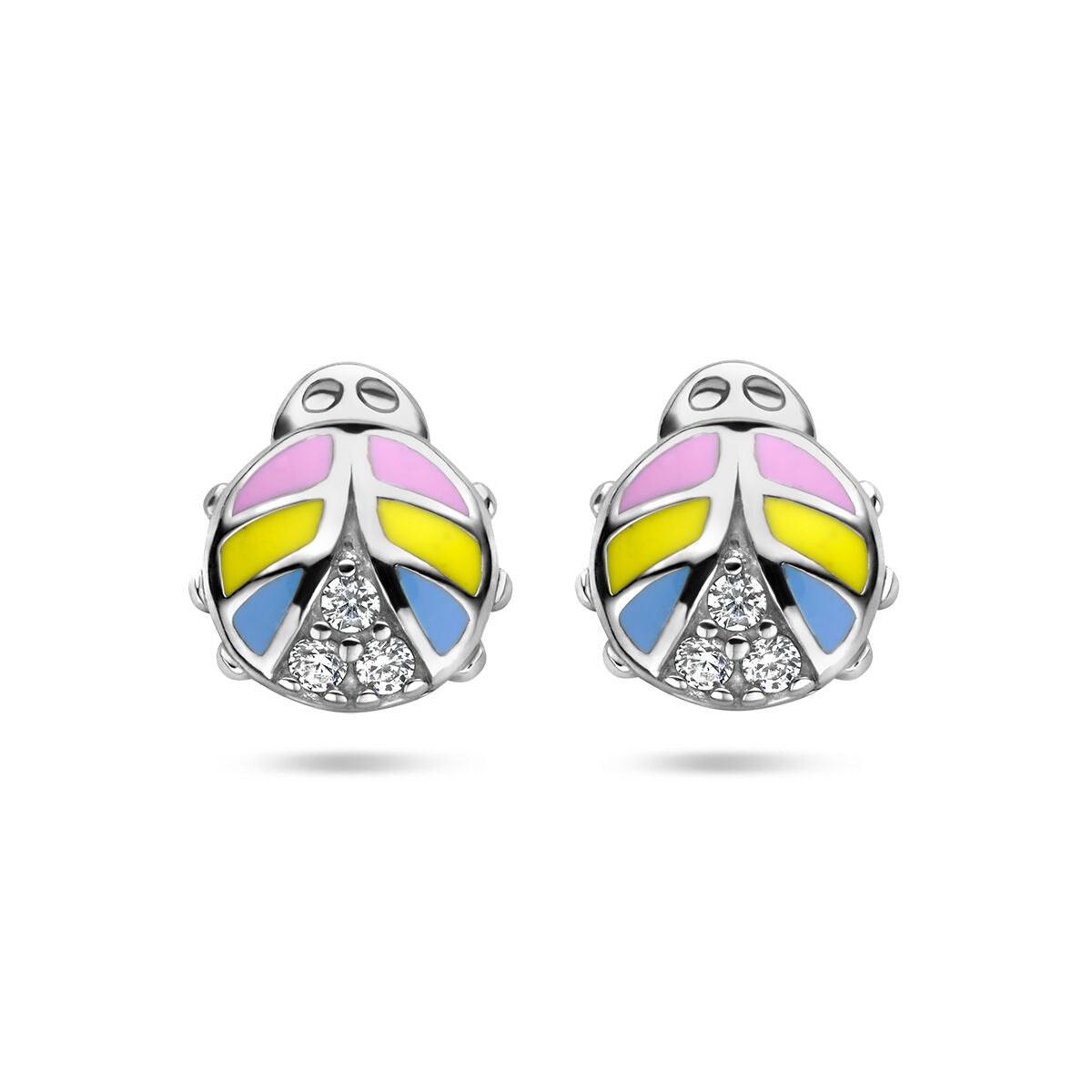 Pendientes de primera puesta en forma de mariquita, con detalles en esmalte de colores y circonitas.