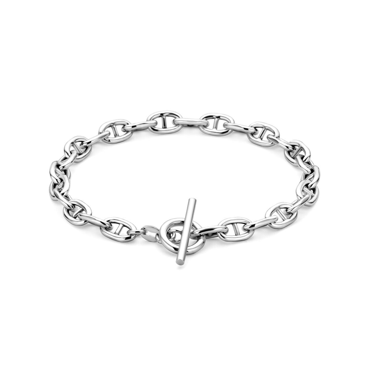 Pulsera de plata con eslabones de ancla y cierre de palanca.