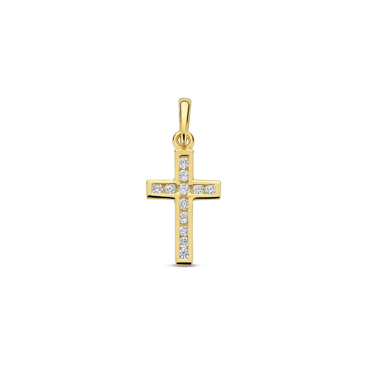 Colgante de cruz de oro amarillo con circonitas.