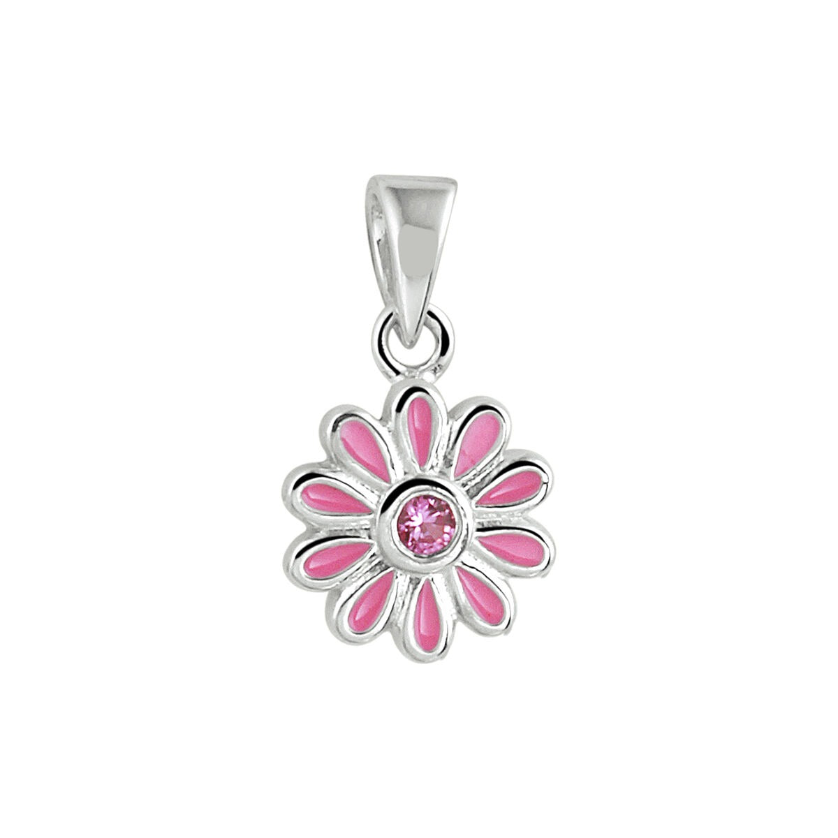 Colgante de flor plateado con zircón rosa en el centro y detalles en esmalte rosa.