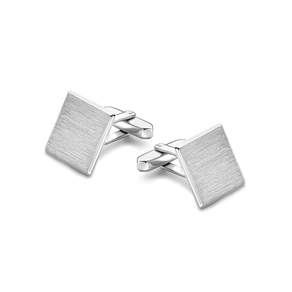 Gemelos de plata rhodium con acabado pulido y mate, de forma cuadrada.