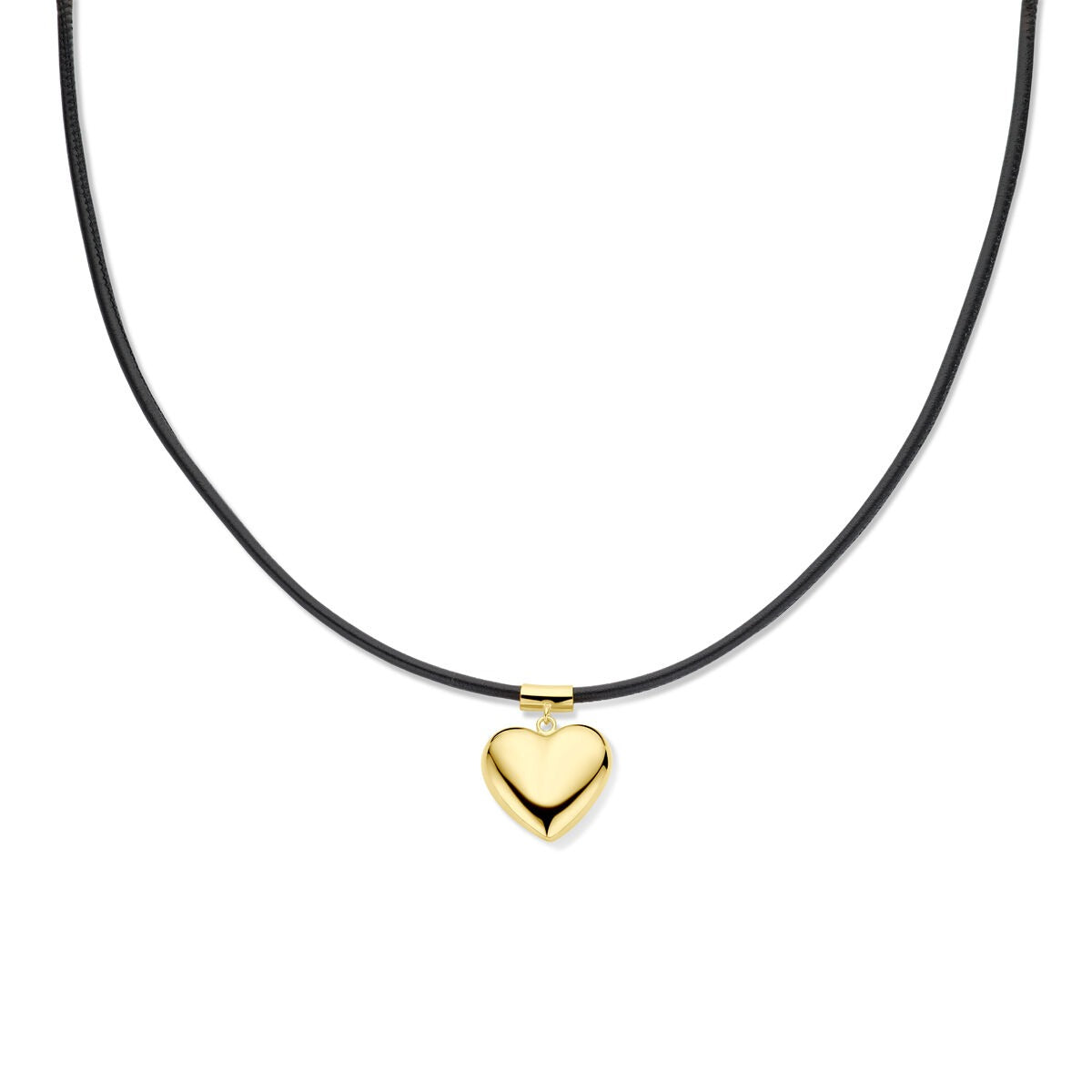 Zilveren collier met verguld hartje, voorzien van een zwarte koord.