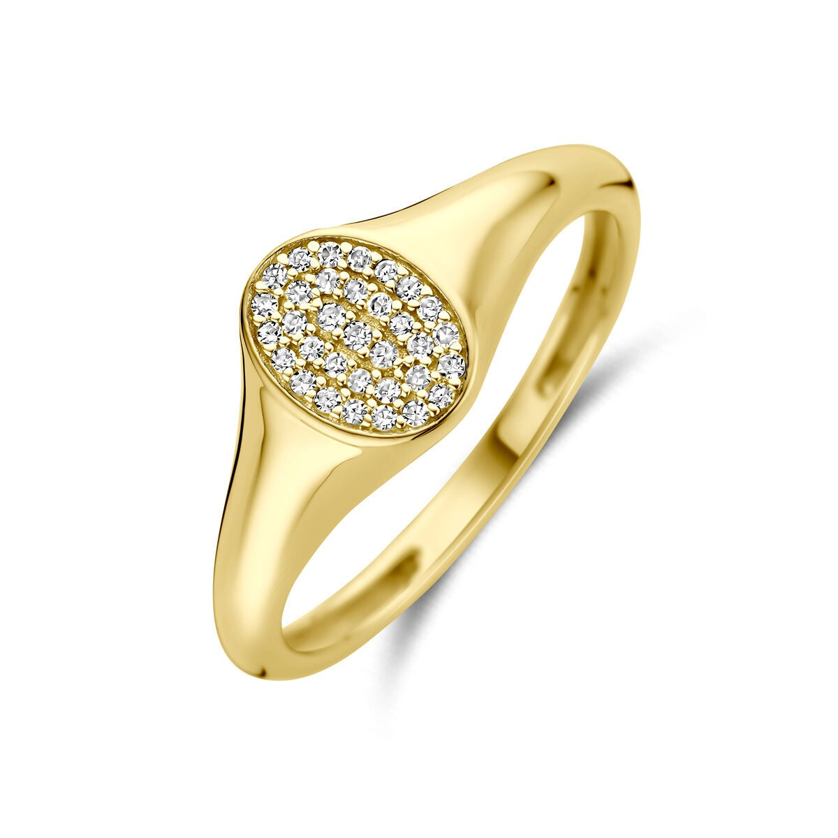 Anillo dorado de 14k con diamantes en forma ovalada.