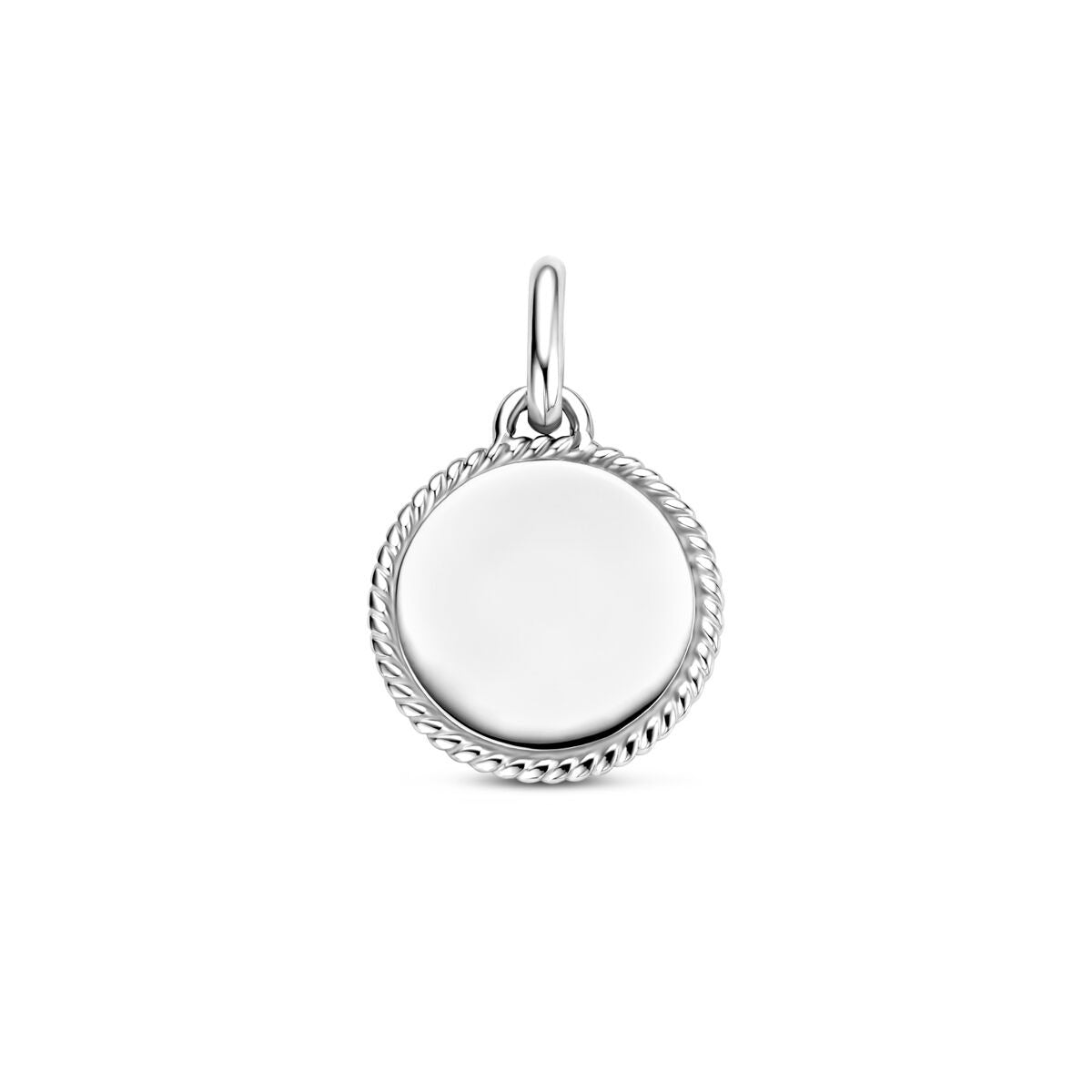 Colgante redondo de plata rodiada de 19.5 mm con borde trenzado.