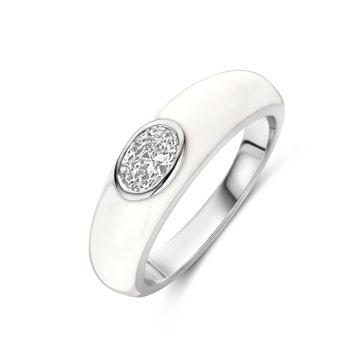 Anillo de plata 925 rodiada con esmalte blanco y zirconia en forma ovalada.