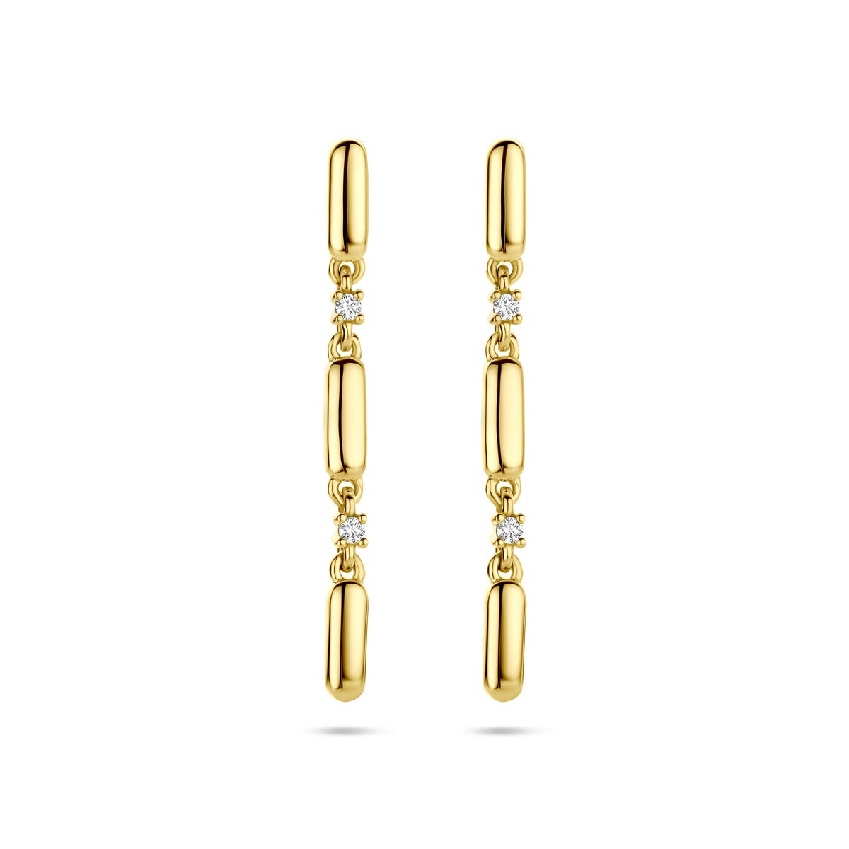 Pendientes largos de oro amarillo de 14k con diamantes brillantes de 0.06ct, 32 mm.