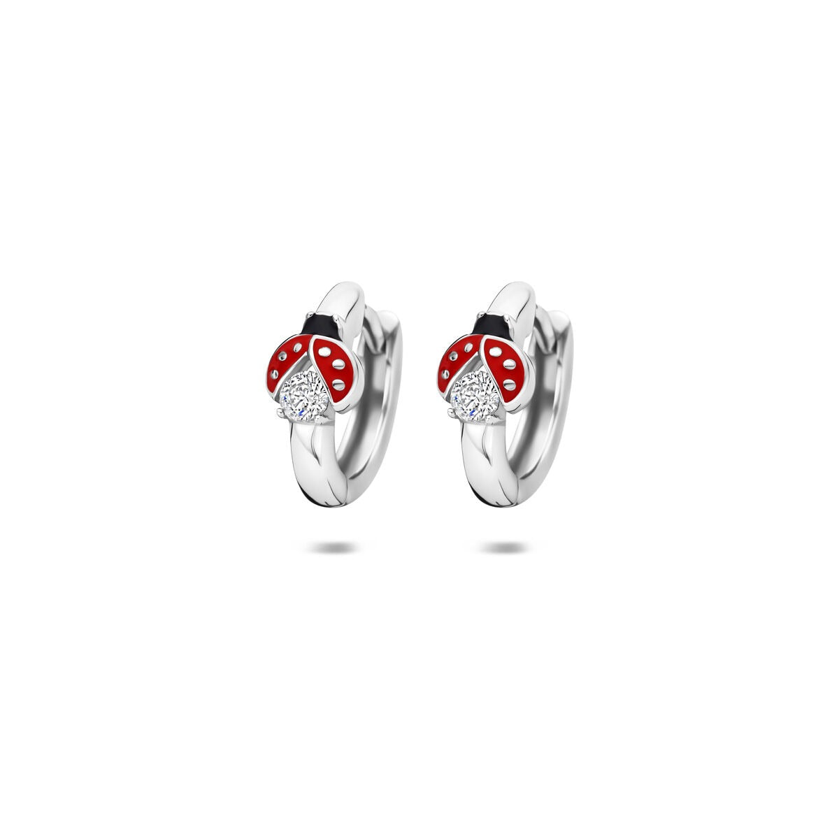 Pendientes de aro de plata rodiada con diseño de mariquita, 11,5 mm, detalles en rojo y piedras brillantes.