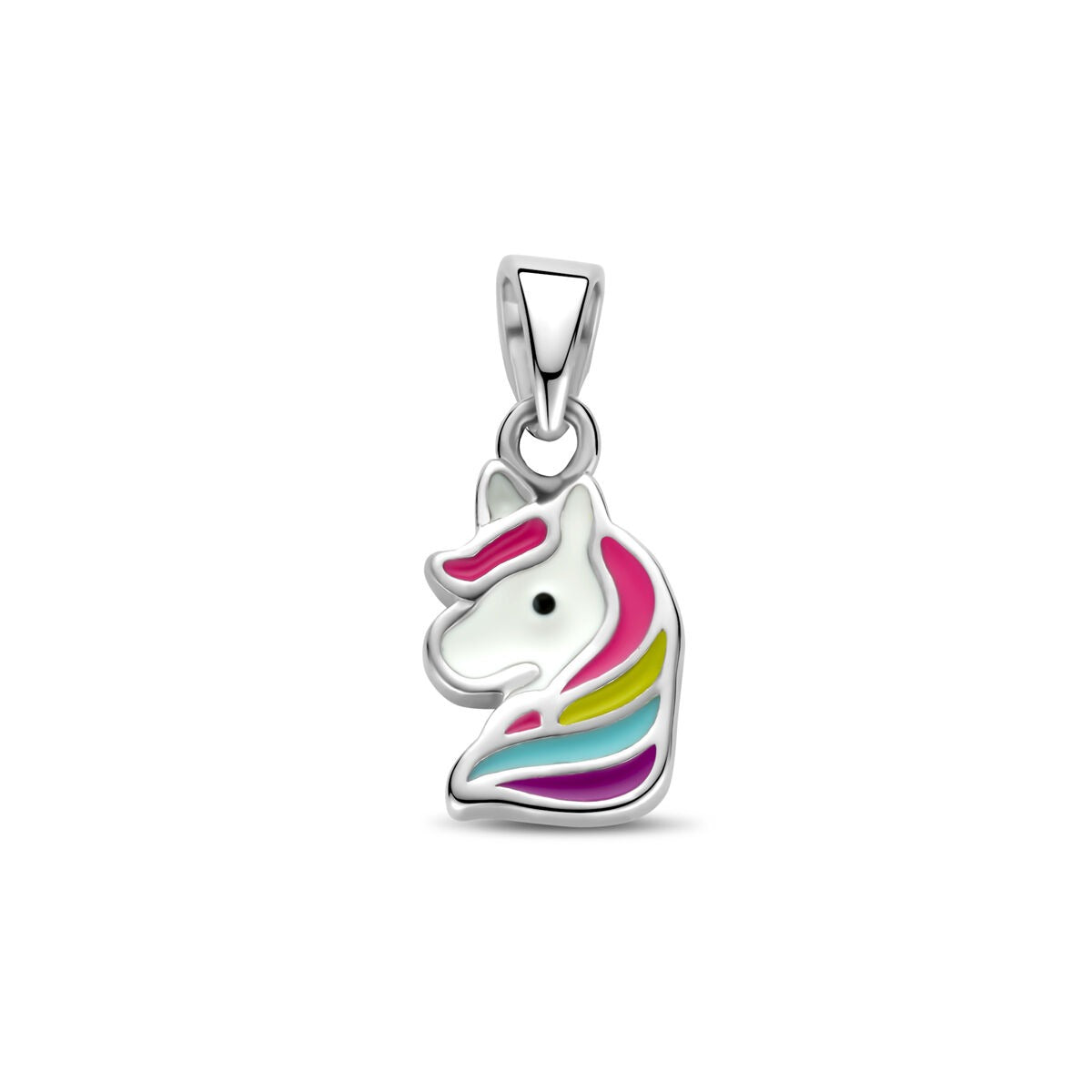 Colgante de unicornio en plata rodiada con detalles de colores brillantes.