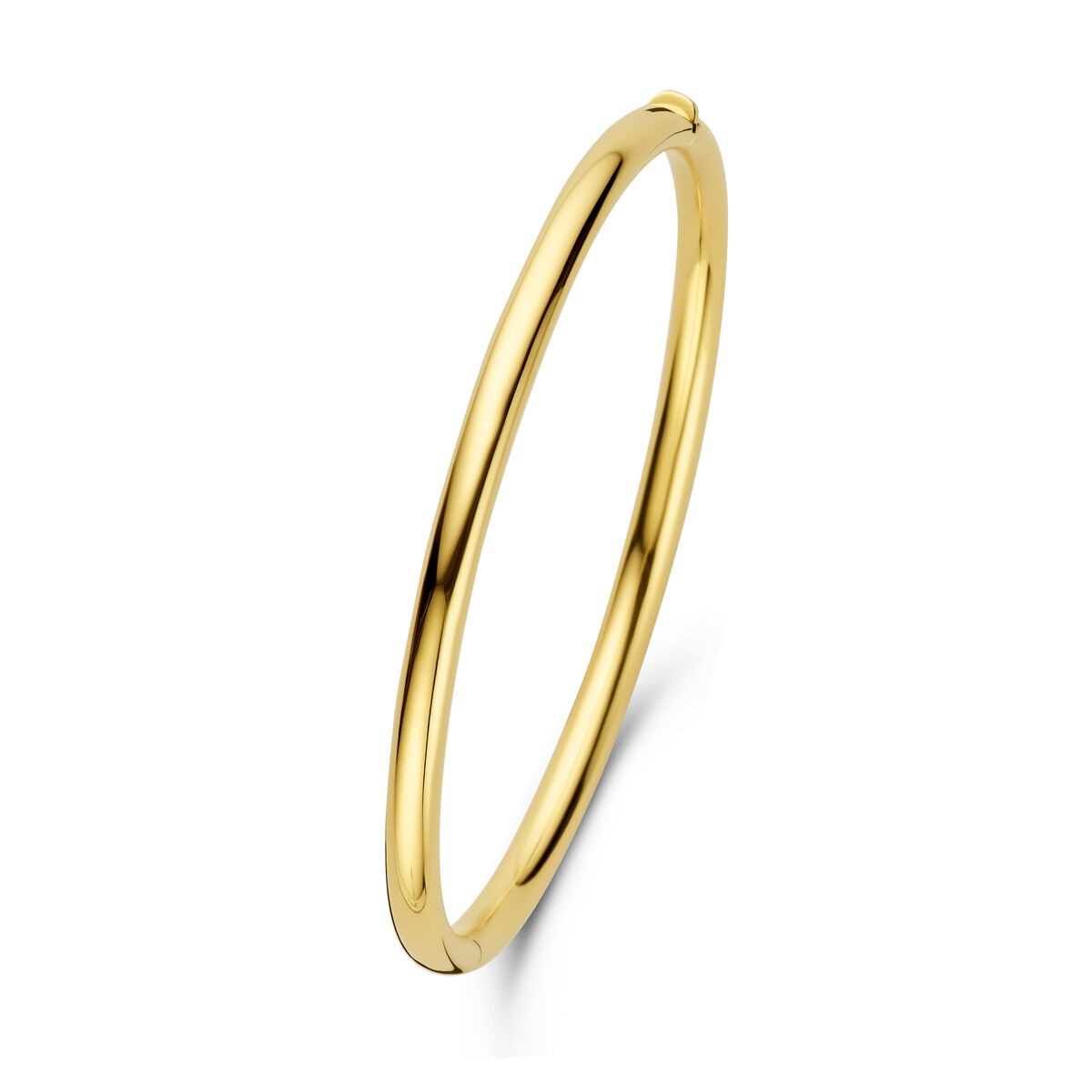Pulsera de oro de 14k con cierre de bisagra, de forma delgada y brillante.