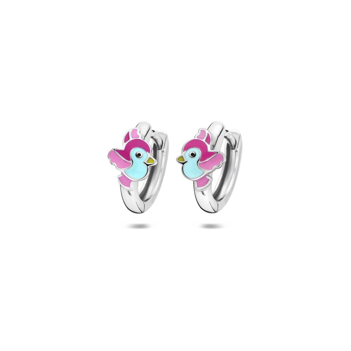 Pendientes de niña de plata con diseño de pájaro, acabado rodiado y colores rosa y azul.