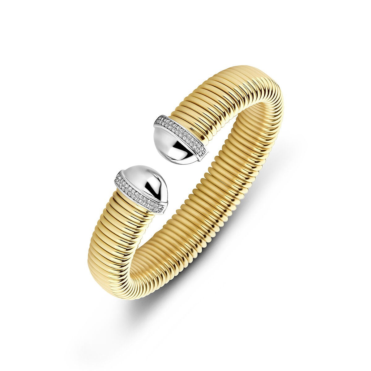 Pulsera de plata 925 con cierre de circonitas y diseño en espiral dorado.