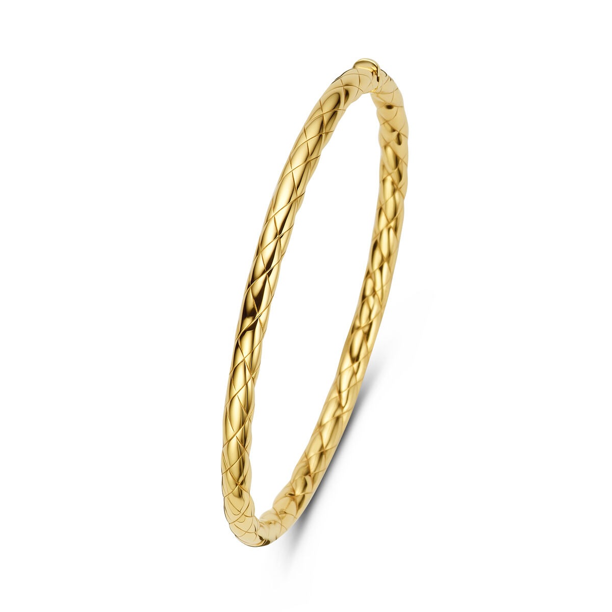 Brazalete dorado de 14k con cierre de bisagra y diseño trenzado.
