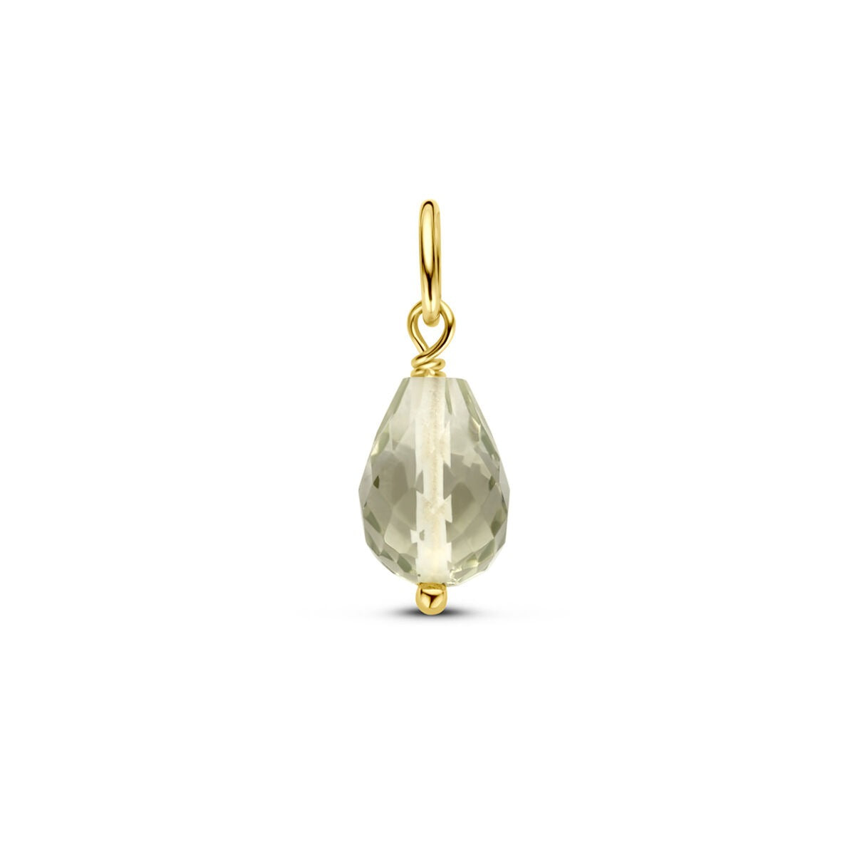 Colgante de oro amarillo de 14k con ametrino verde, tallado en forma de gota.