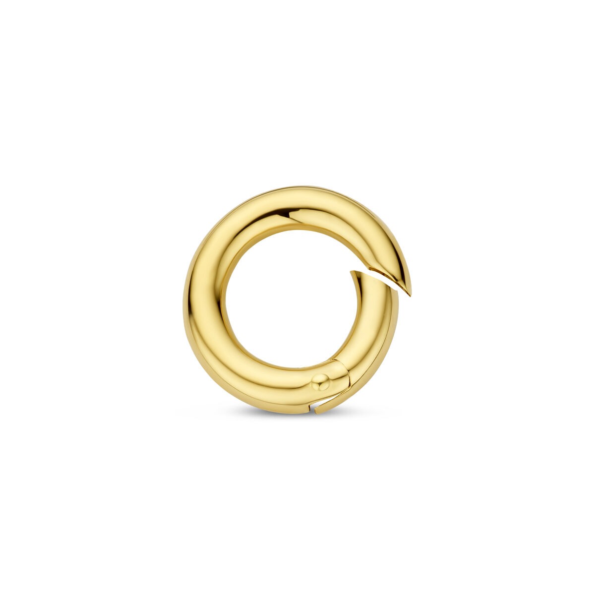 Conector dorado de 14k con forma circular y acabado brillante.
