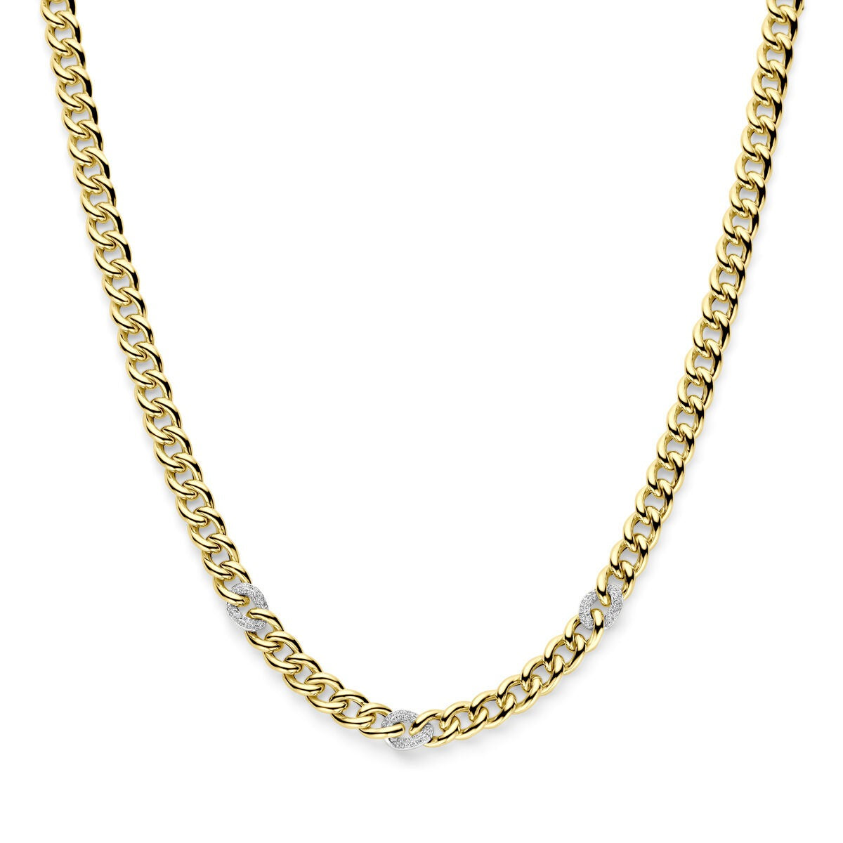Collar bicolor de oro amarillo y blanco con detalles de diamante.