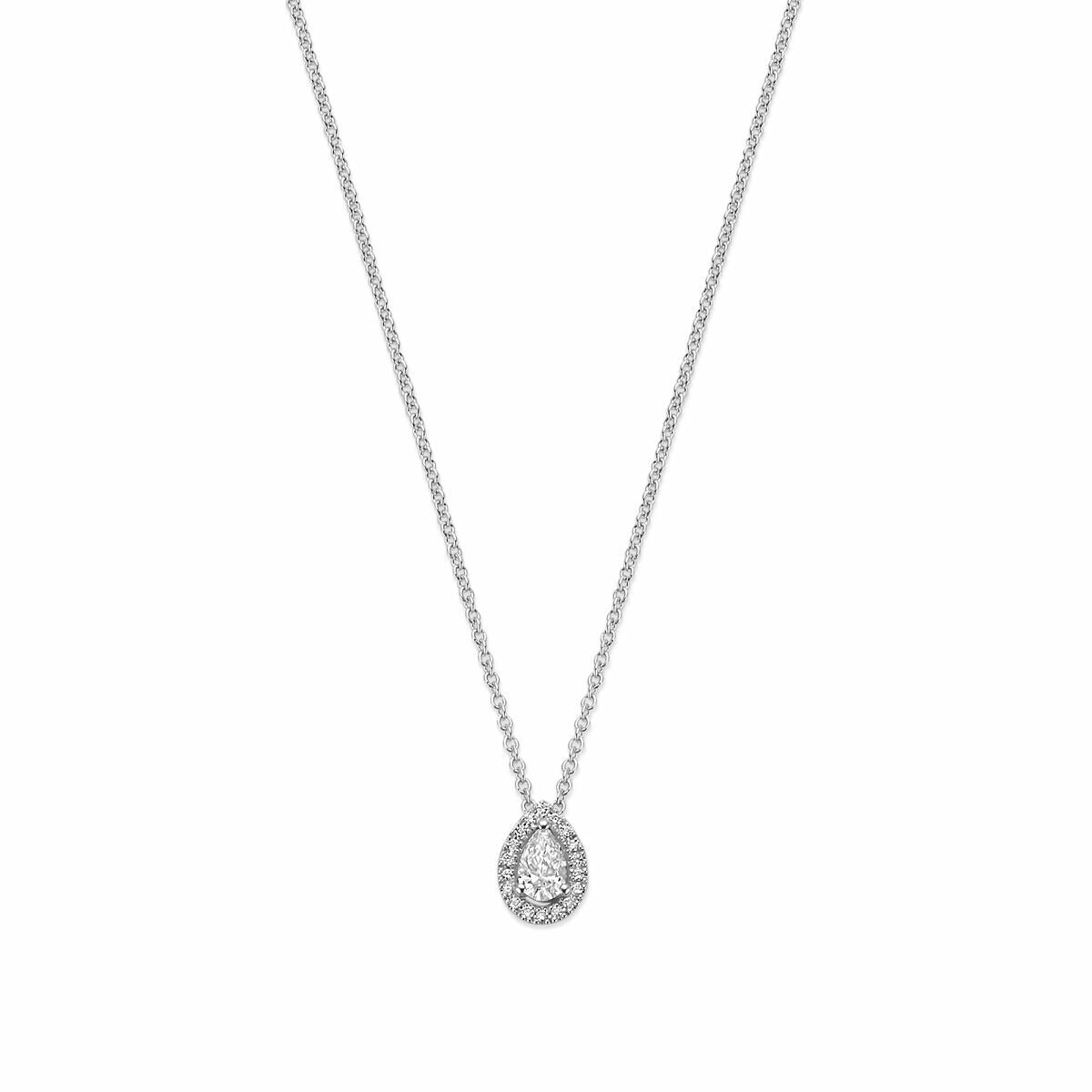 Collar de oro blanco de 14k con colgante en forma de gota y diamante brillante.