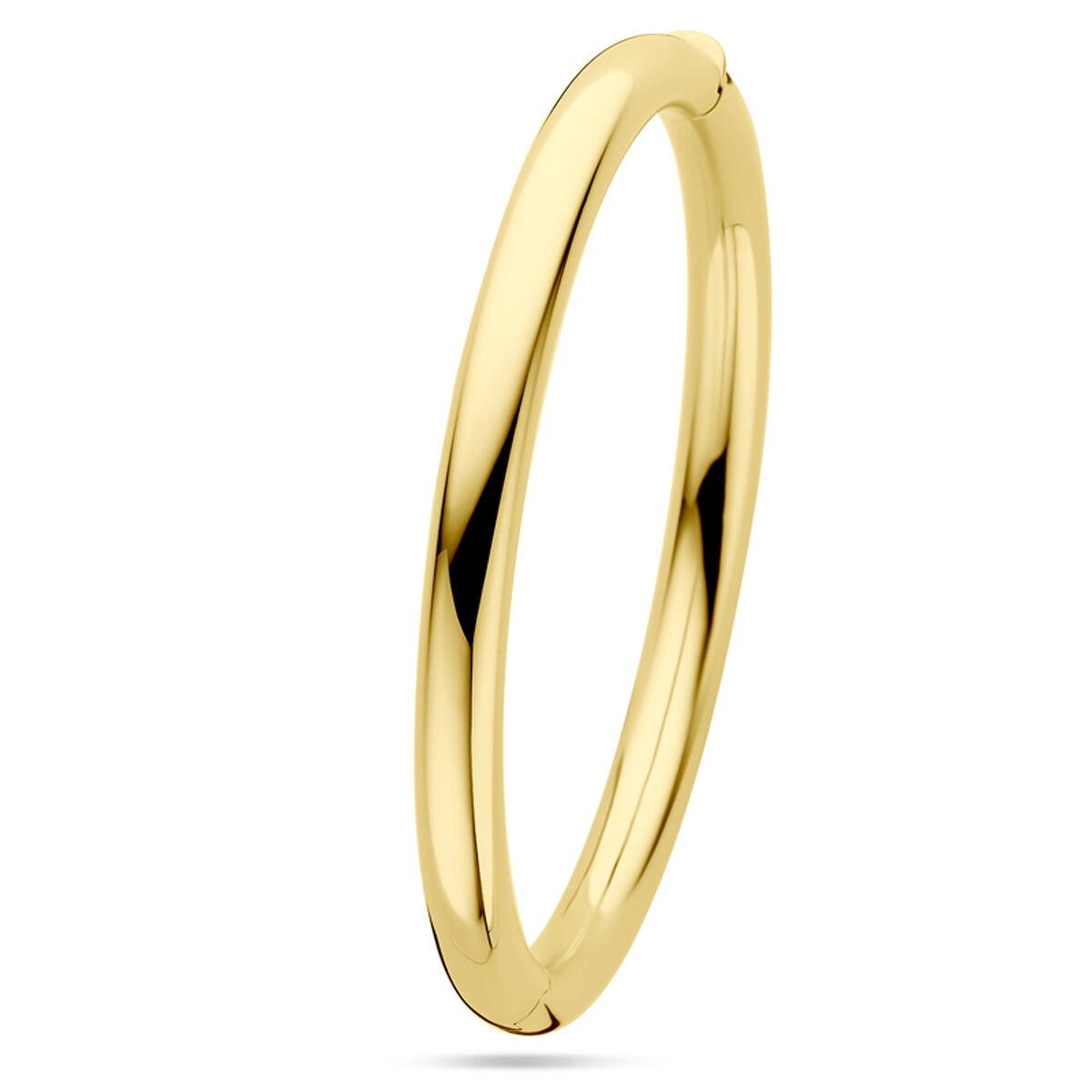 Bangle de oro amarillo de 14k, con bisagra, de 6 mm de ancho y acabado pulido.