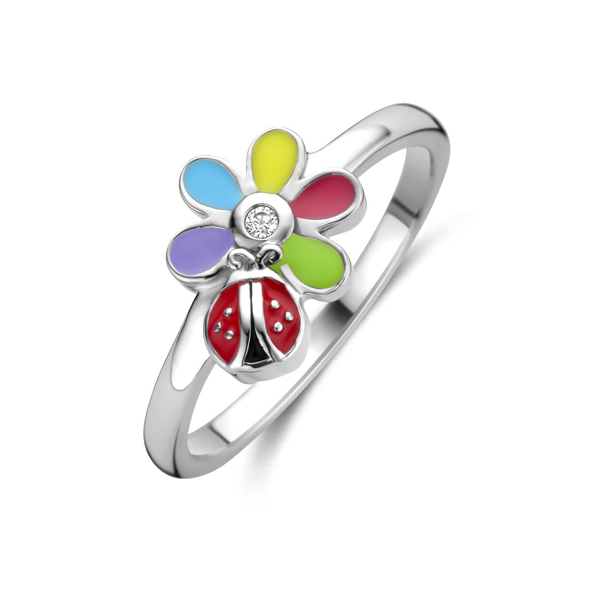 Anillo infantil de plata con flor colorida y un charm de mariquita.