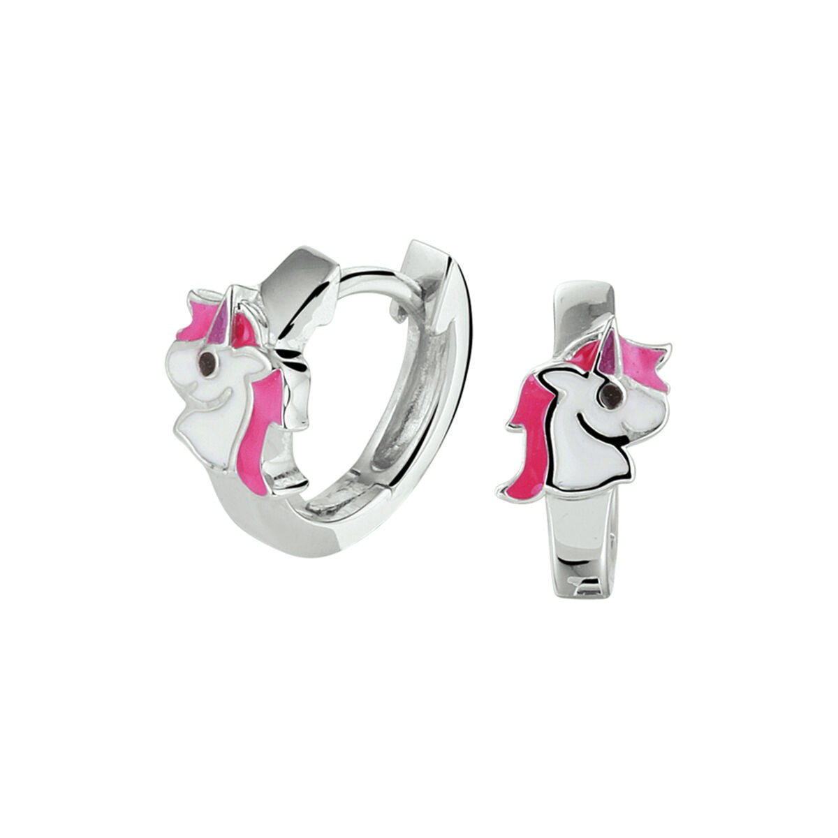 Pendientes de aro de plata rodiada para niños con diseño de unicornio en esmalte rosa y blanco.