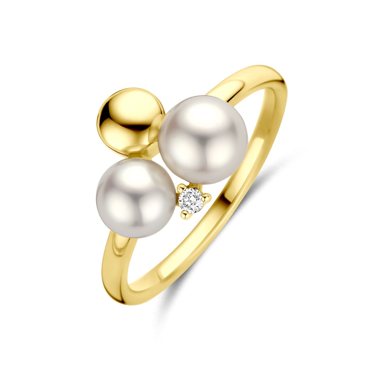 Anillo de dama de oro amarillo de 14k con perlas y diamante, ancho de 11 mm.