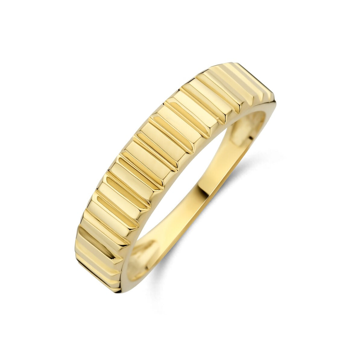 Anillo de dama de oro amarillo de 14 quilates con diseño estriado y forma rectangular.