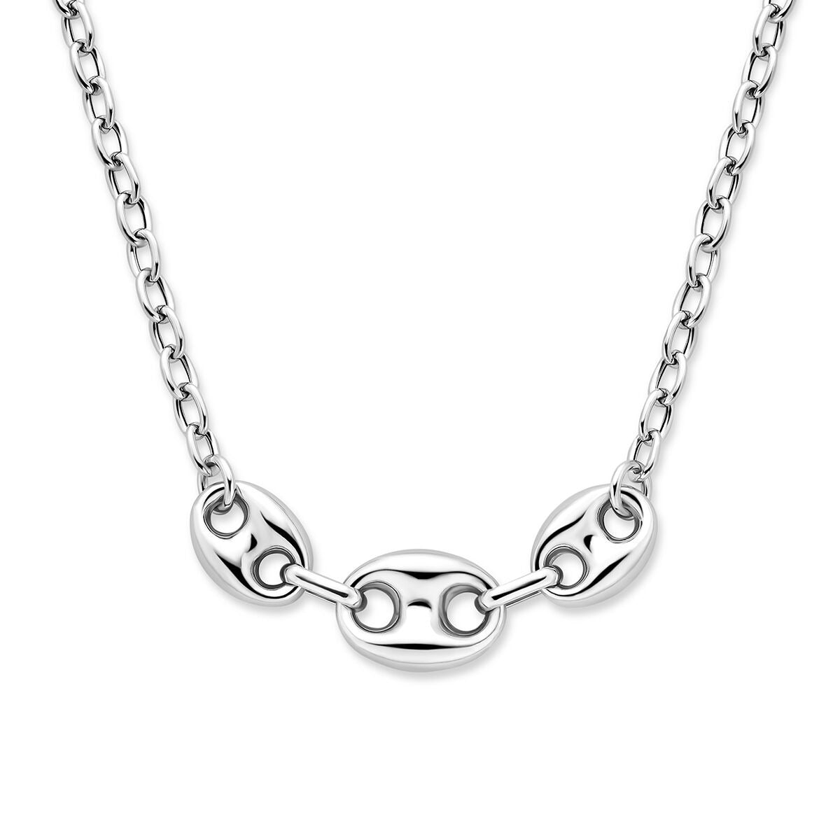 Gerhodineerd zilveren collier met koffieboon schakels en een fijne schakelketting.