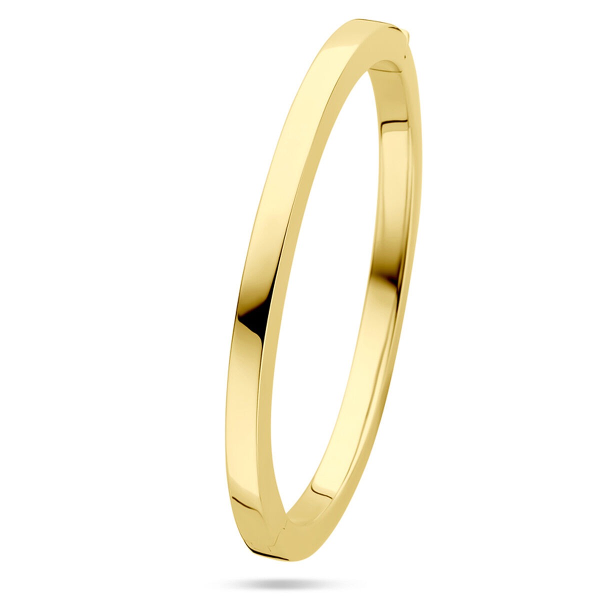 Brazalete de oro amarillo de 14k, ancho de 5 mm, con cierre de bisagra.