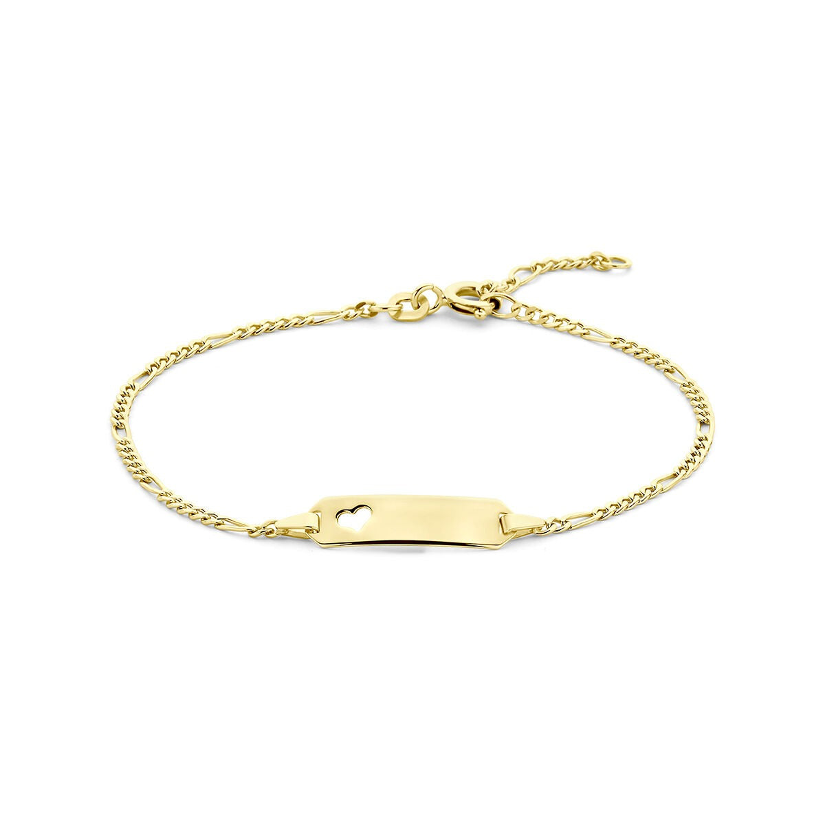 Pulsera de grabado de oro amarillo de 14k con placa y cadena trenzada.