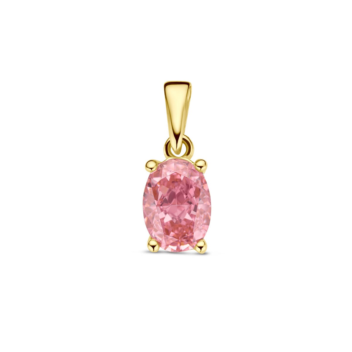 Colgante de oro amarillo de 14k con zircón rosa en engaste ovalado.