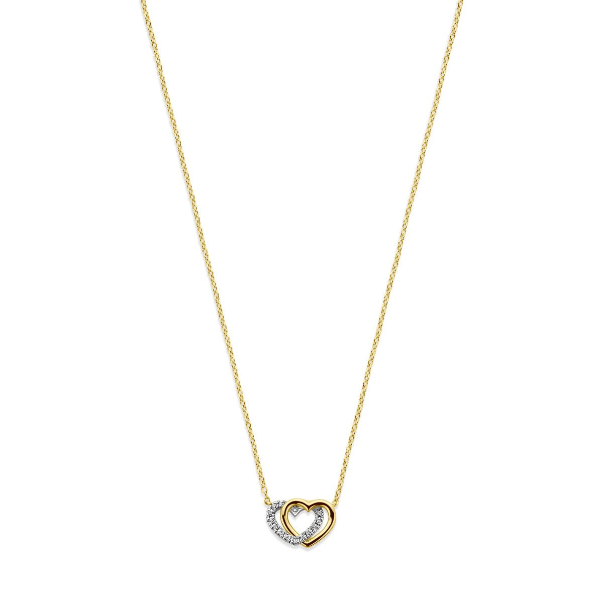 Cadena de oro amarillo de 14k con colgante en forma de corazón y diamantes.