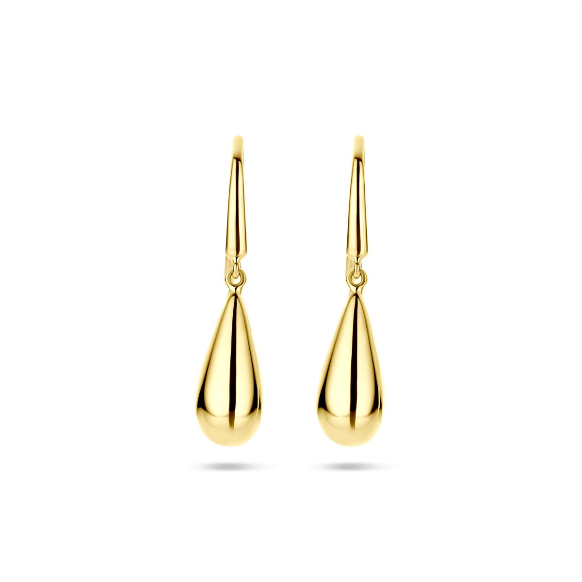 Pendientes largos de oro de 14k en forma de gota, con un tamaño de 14,5 mm.