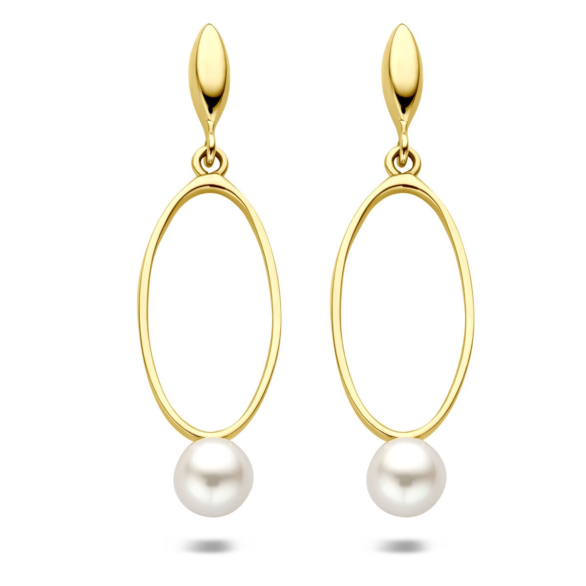 Pendientes largos de oro amarillo de 14k con perla, forma ovalada y tamaño de 37 mm.