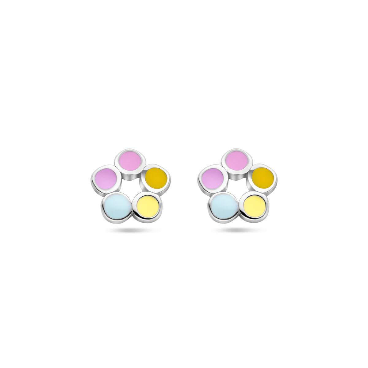 Pendientes de flor de plata 925 con detalles en colores pastel rosa, azul y amarillo.