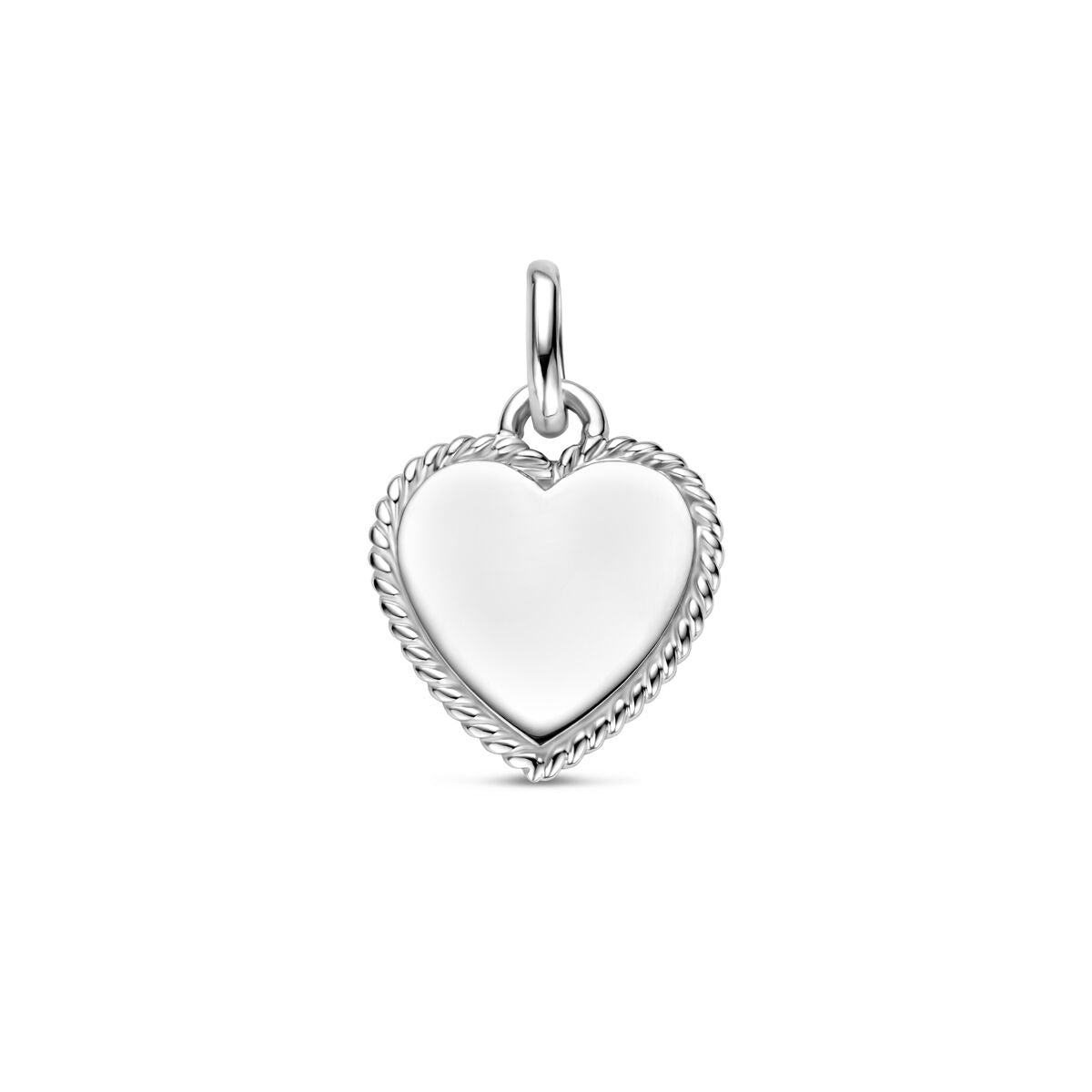 Colgante en forma de corazón de plata rodiada, con borde trenzado y superficie lisa.
