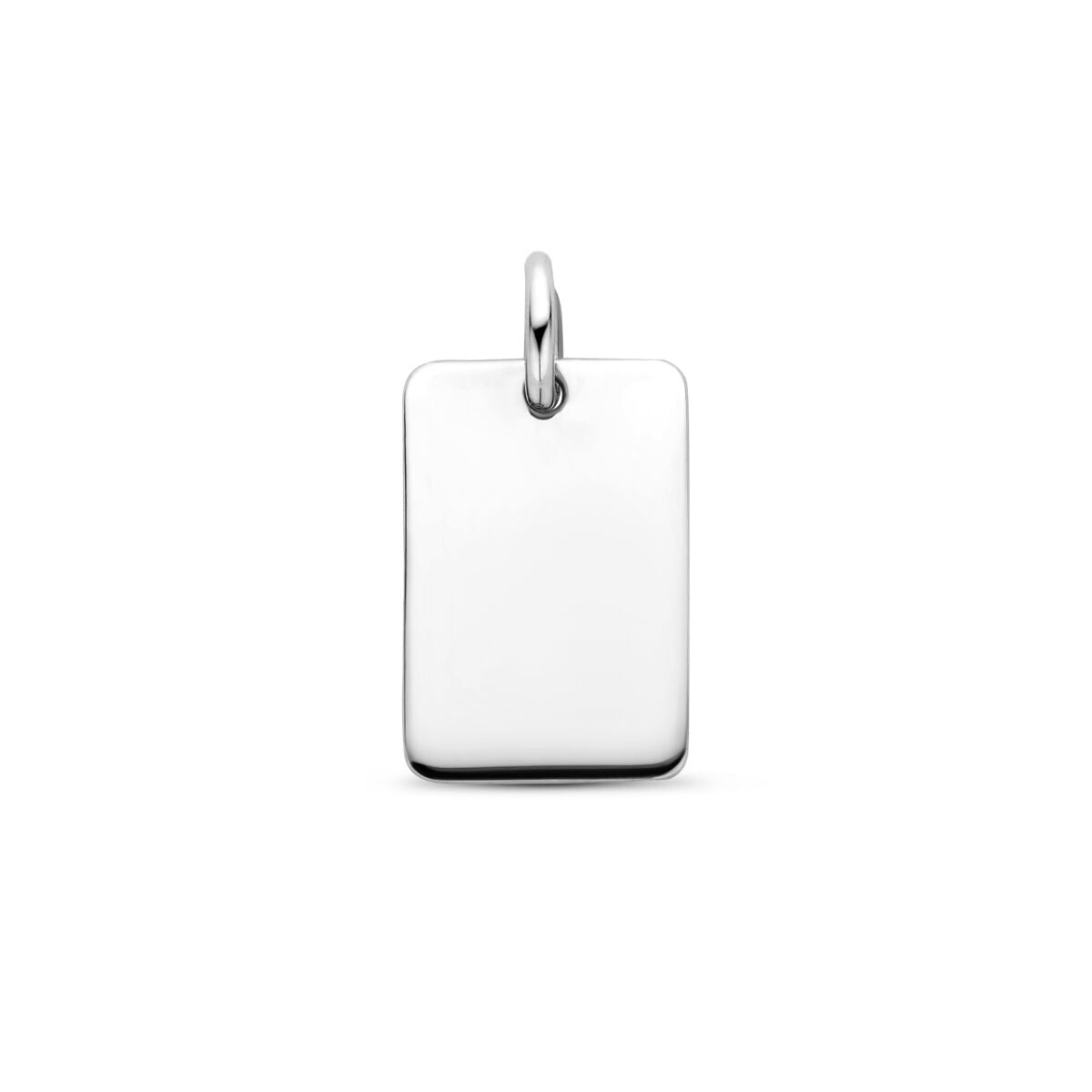 Colgante rectangular de plata 925 rodiada, con superficie lisa y brillante.