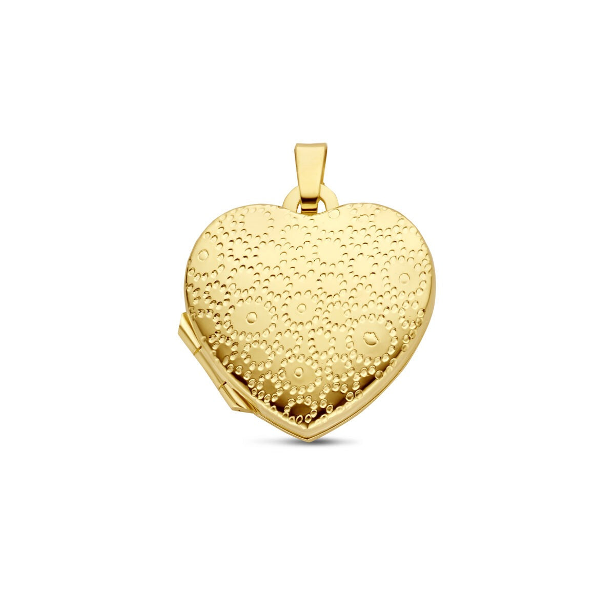 Colgante en forma de corazón de 14k oro amarillo con grabado decorativo.
